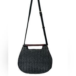 Handbag Republic Black Vegan Woven  Crossbody Removeable Strap Wood  Handles